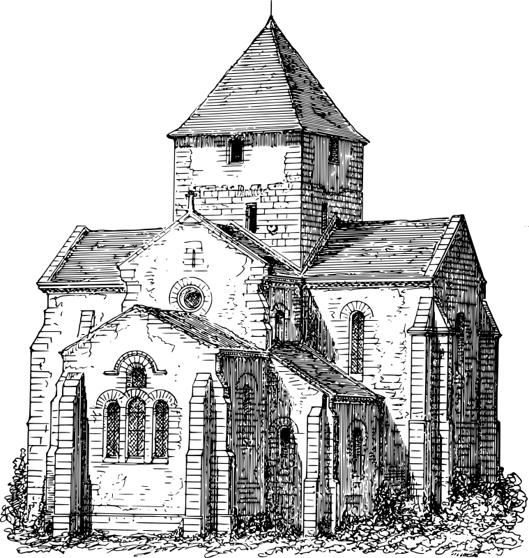 Romanesque Church Line Drawing with Arched Windows