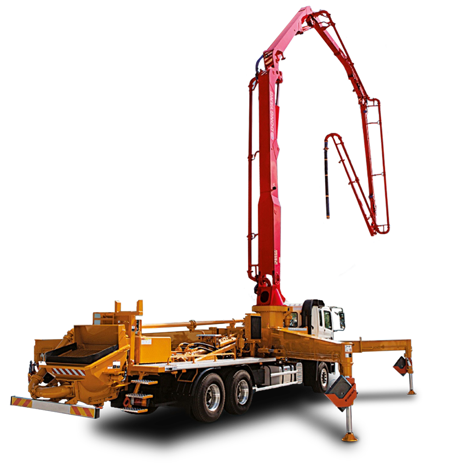 Yellow Concrete Pump Truck with Red Boom