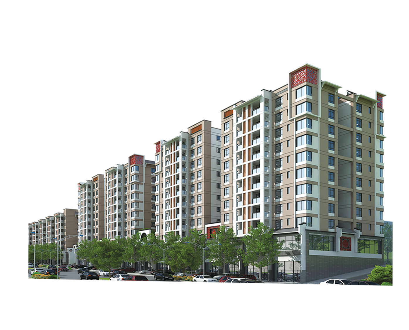 Beige Residential Towers with Red Lattice Rooftops