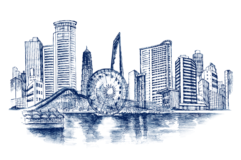 City Skyline Sketch in Navy Ink