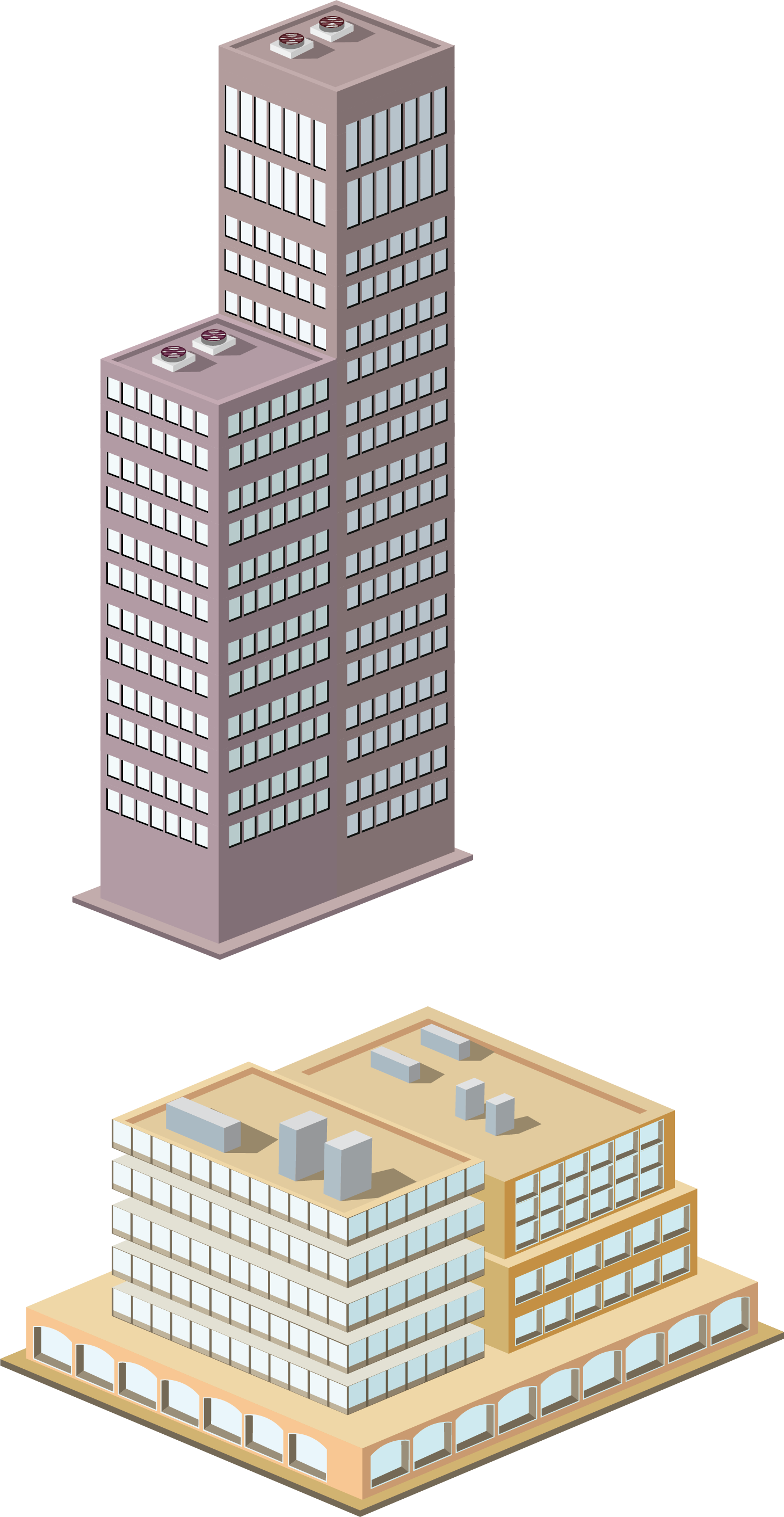 Isometric Mauve Tower and Tan Office Block