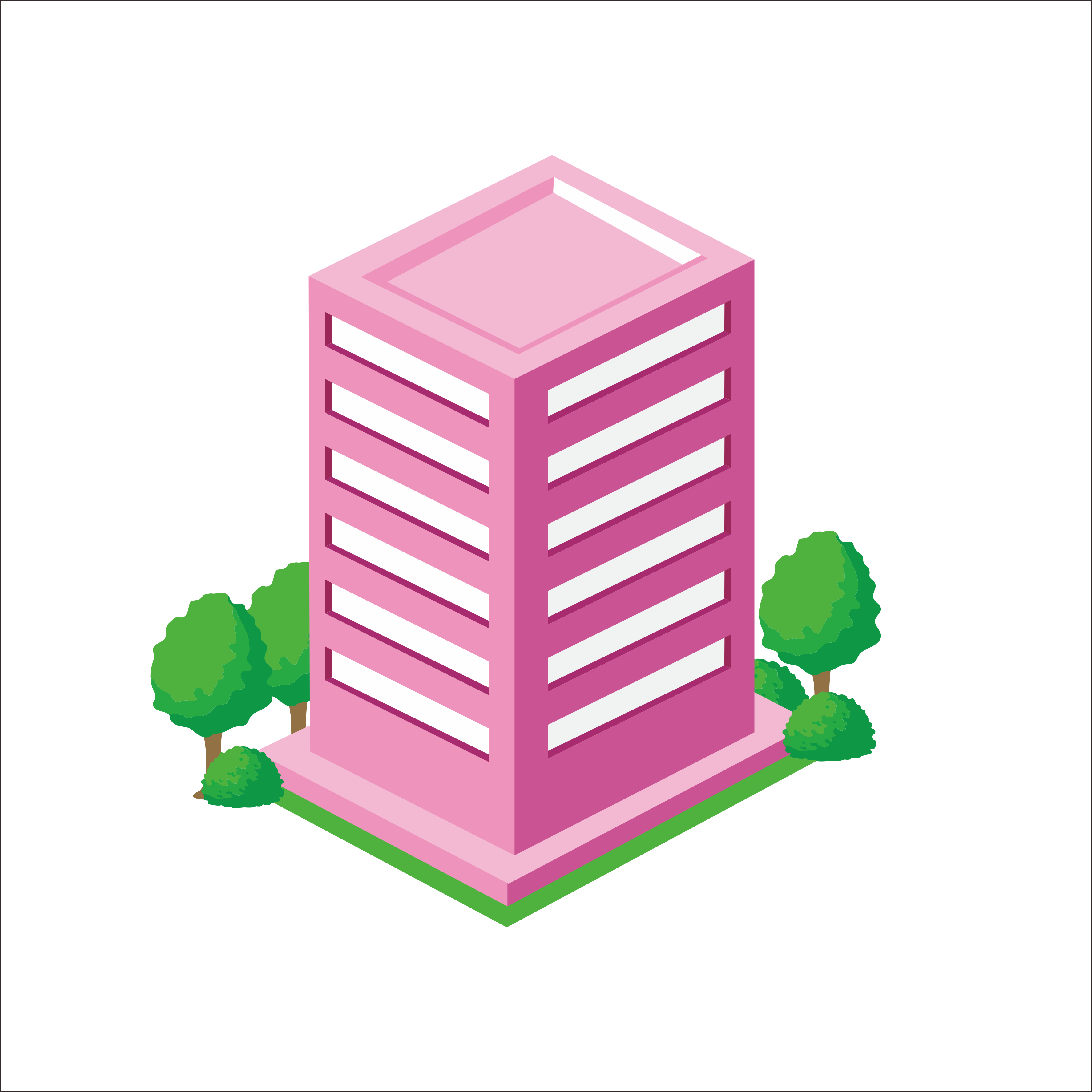 Isometric Pink Office Tower with Green Trees