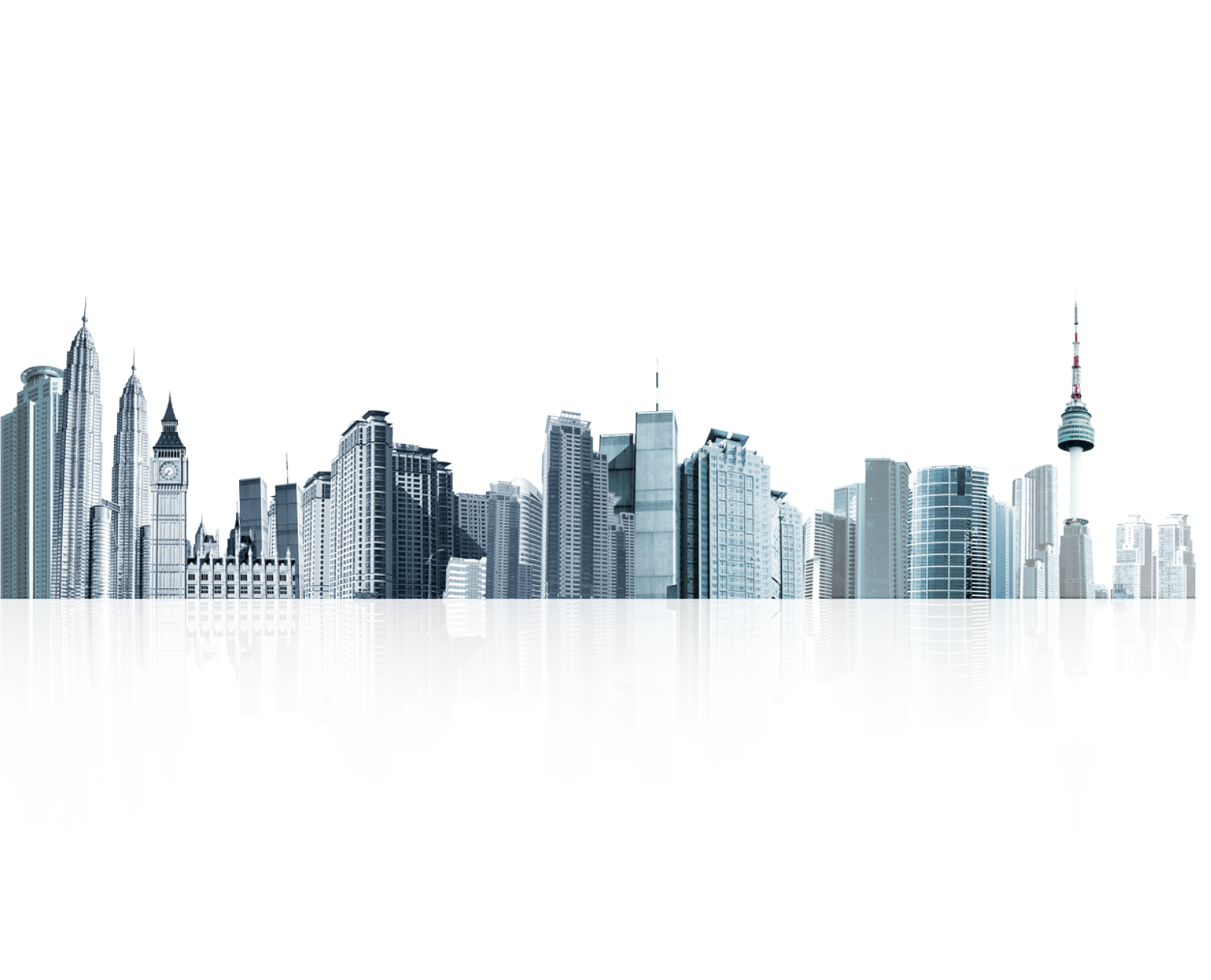 Grayscale City Skyline with Clock Tower