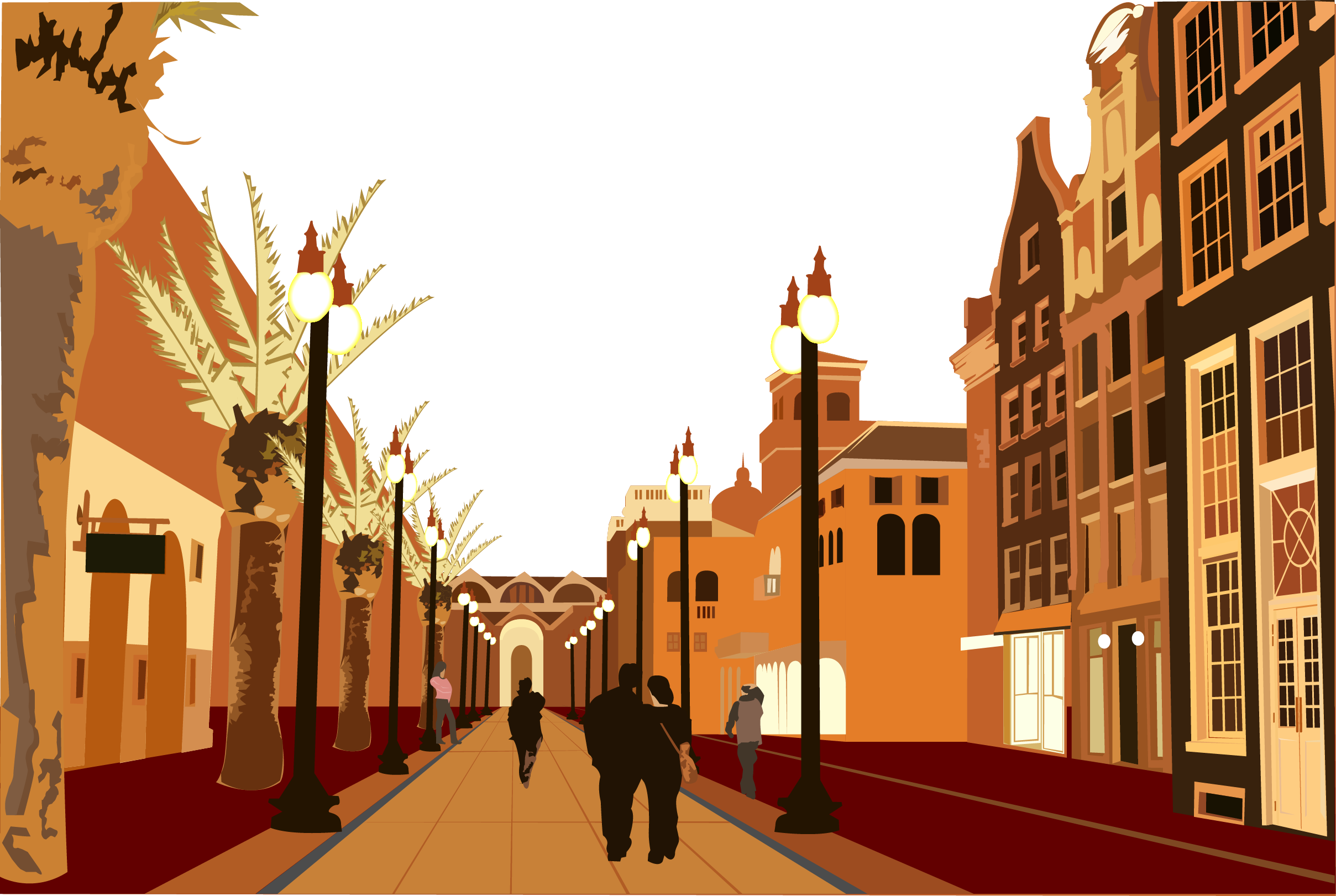 Retro City Street with Warm Orange Houses