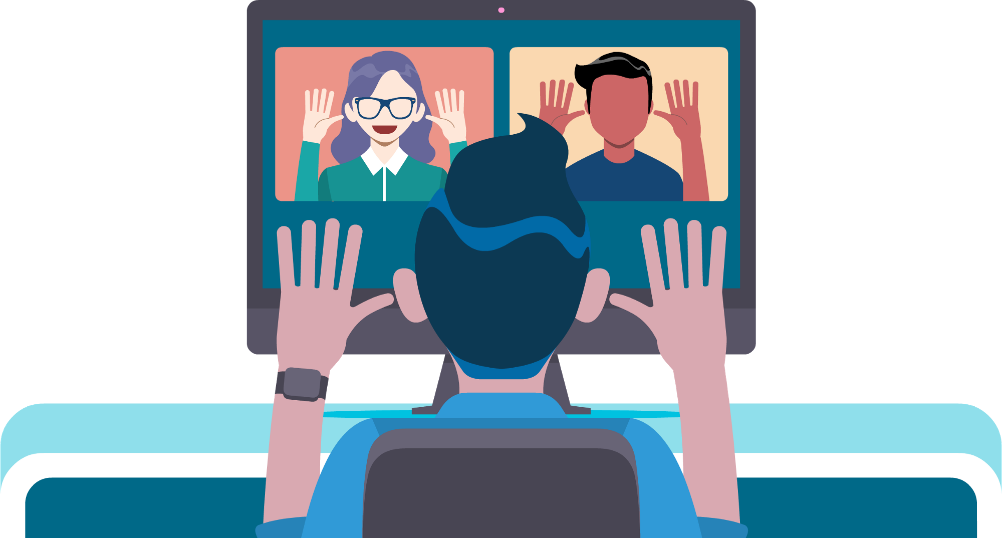 Person Waving at Video Call Participants