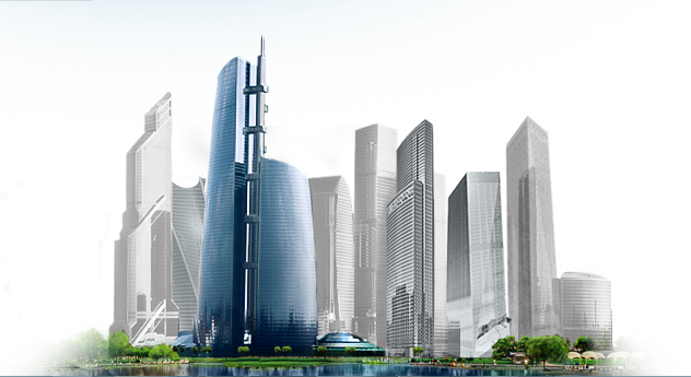 Blue Glass Skyscraper Cluster Above River