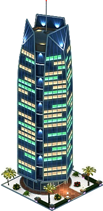 Blue Glass Skyscraper with Red Antenna