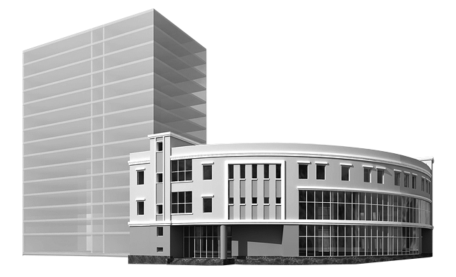 Grayscale Glass Tower Beside Curved Building