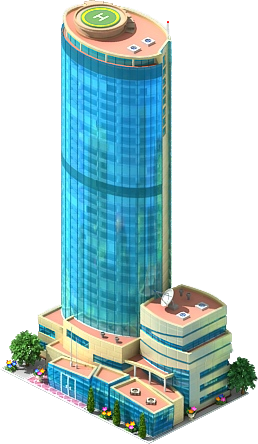 Blue Glass Skyscraper with Helipad Roof