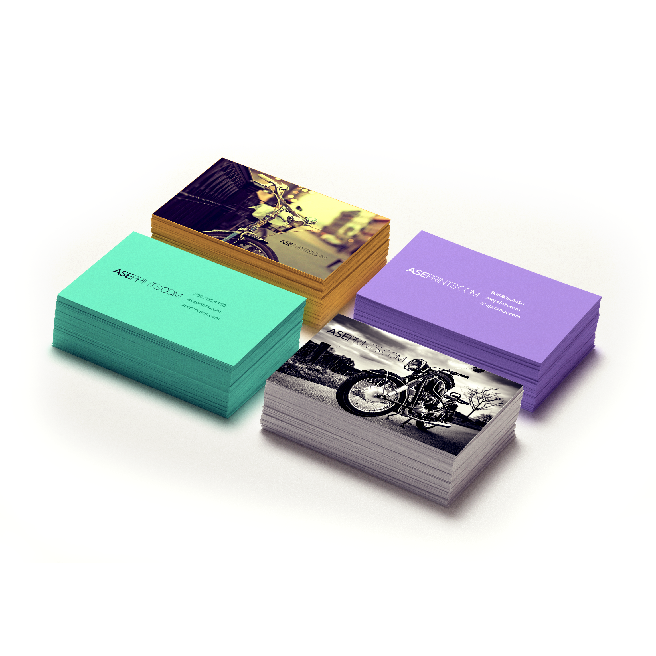 Four Stacked Business Cards in Teal and Purple