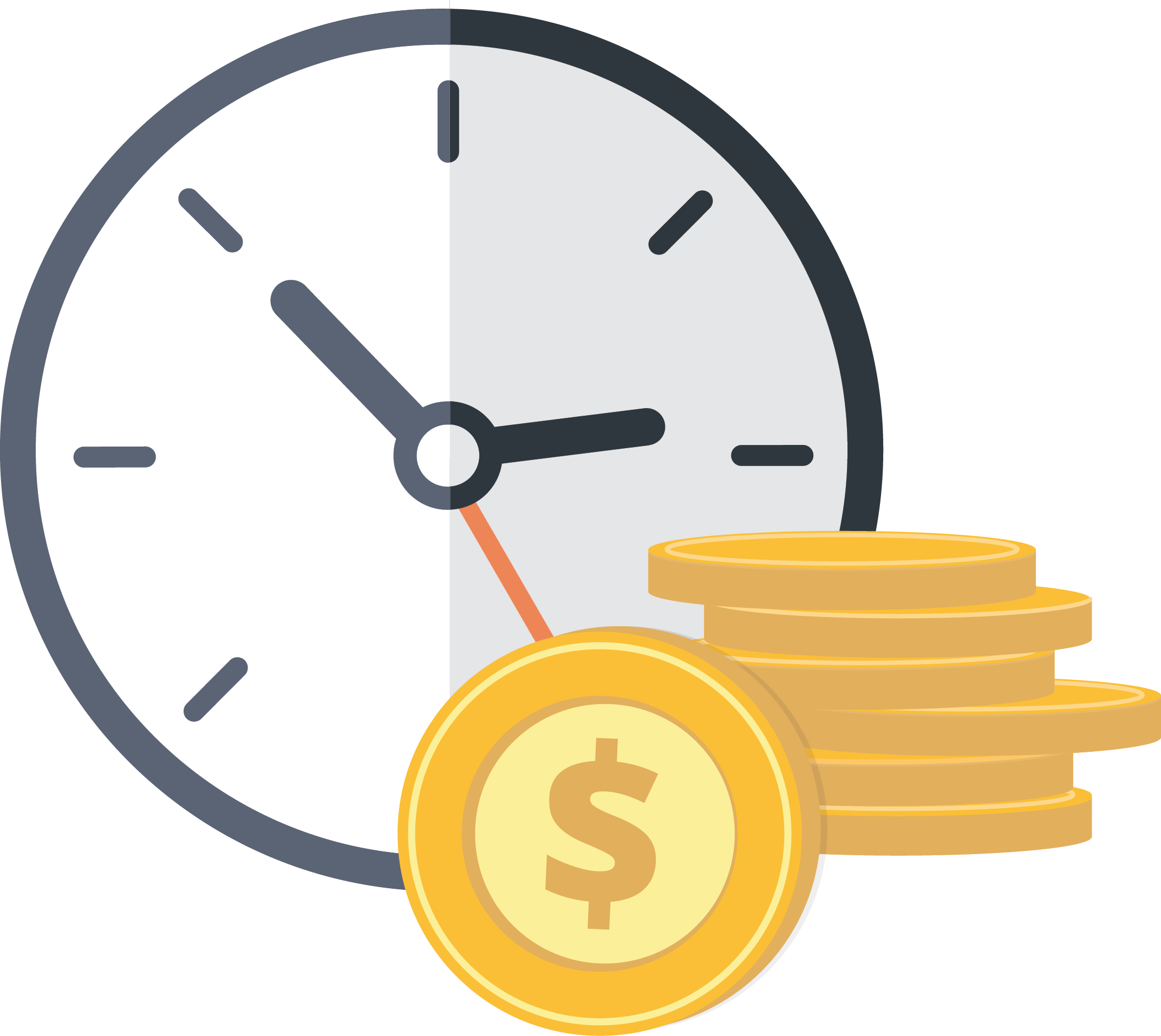 Flat Clock Beside Stacked Gold Dollar Coins