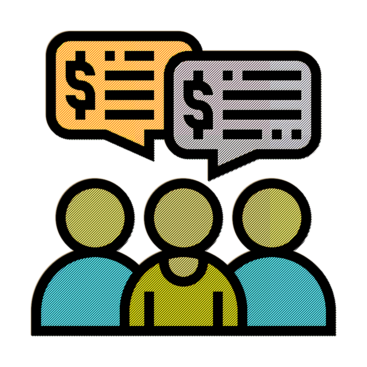 Three Cartoon People with Dollar Speech Bubbles