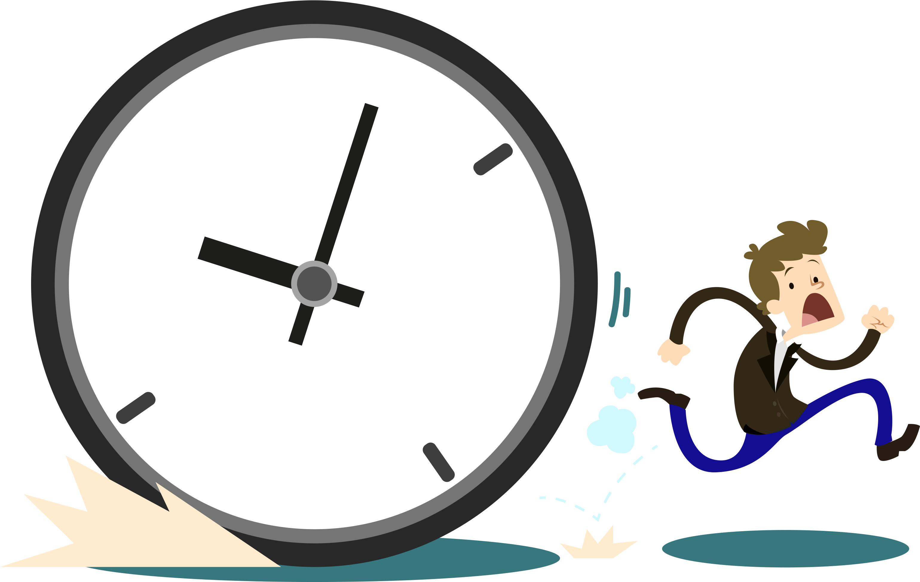 Panicked Cartoon Businessman Running Past Clock