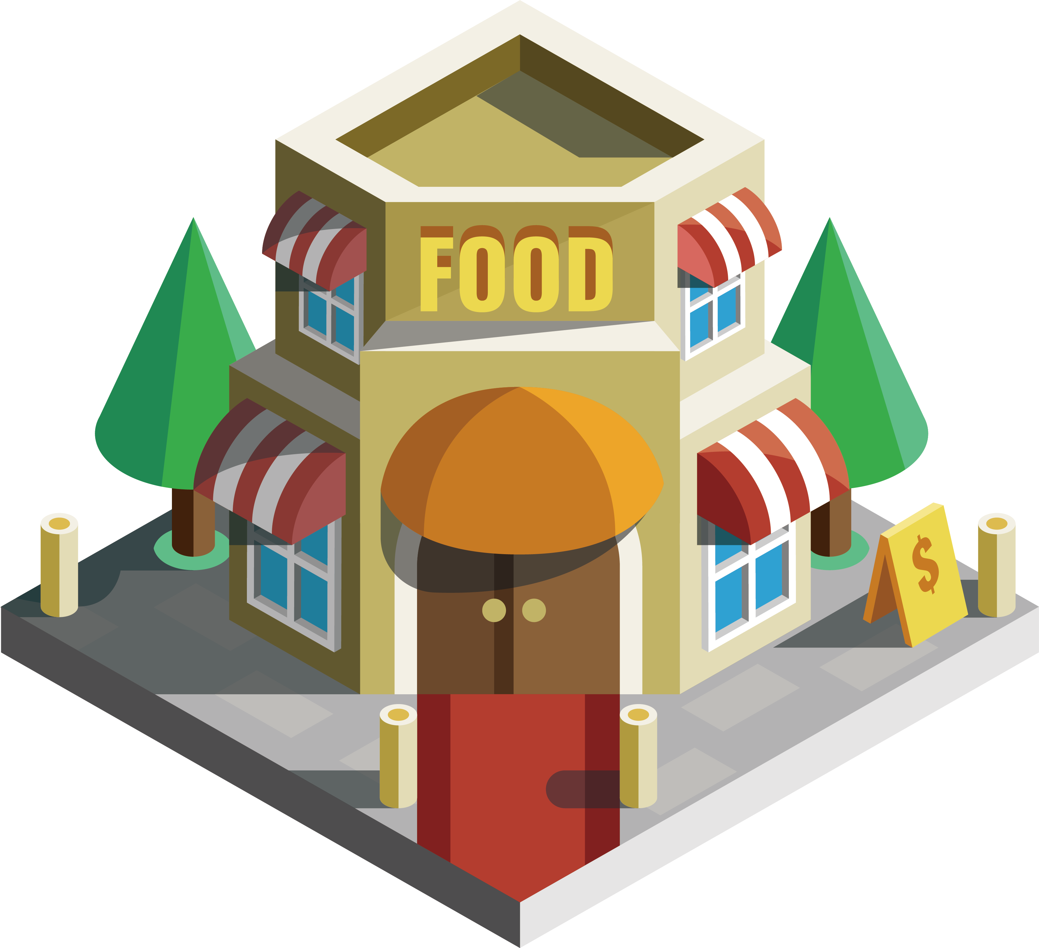 Isometric Restaurant Building with Striped Awnings