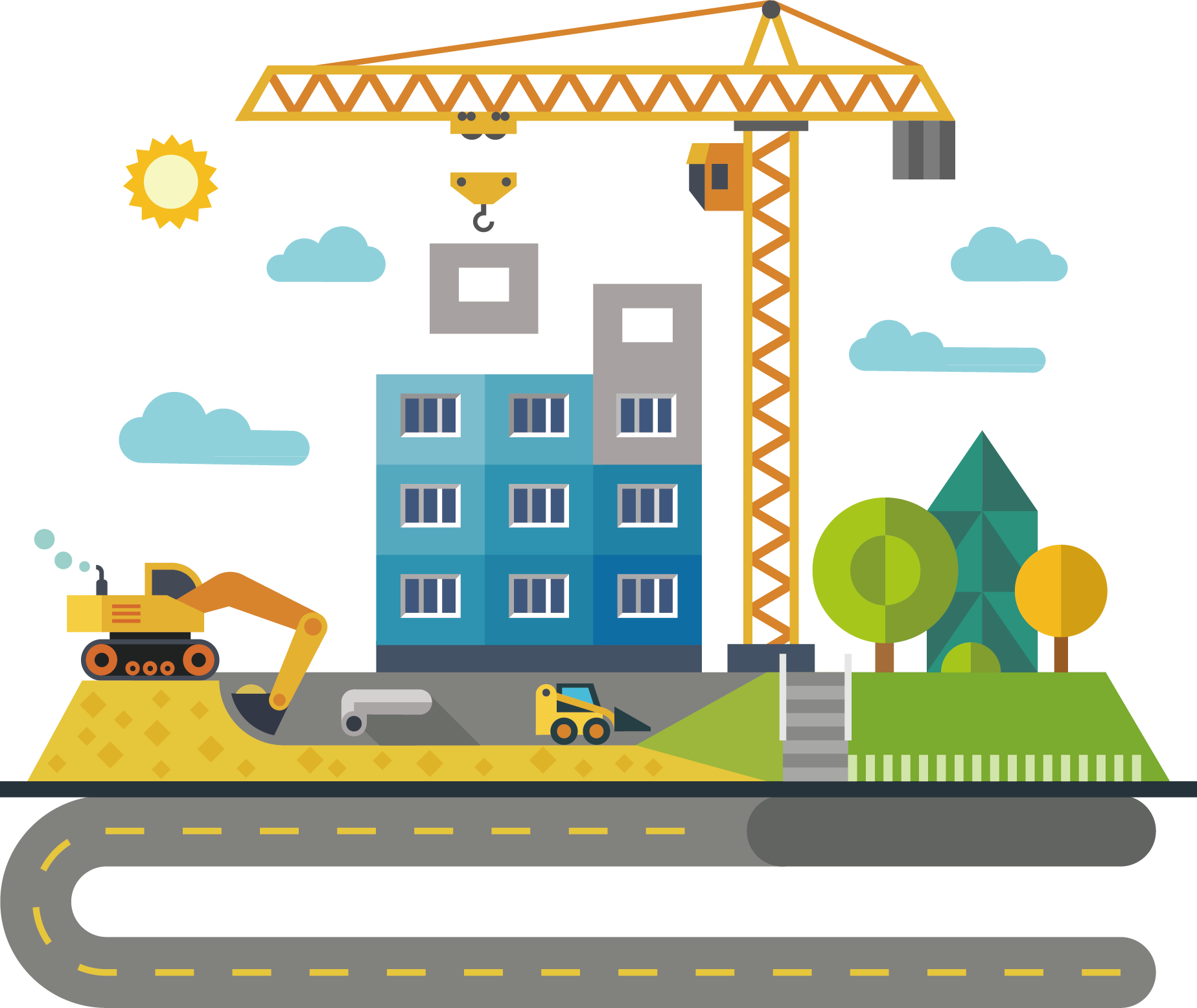architectural engineering building bulldozer illustration hand painted grass