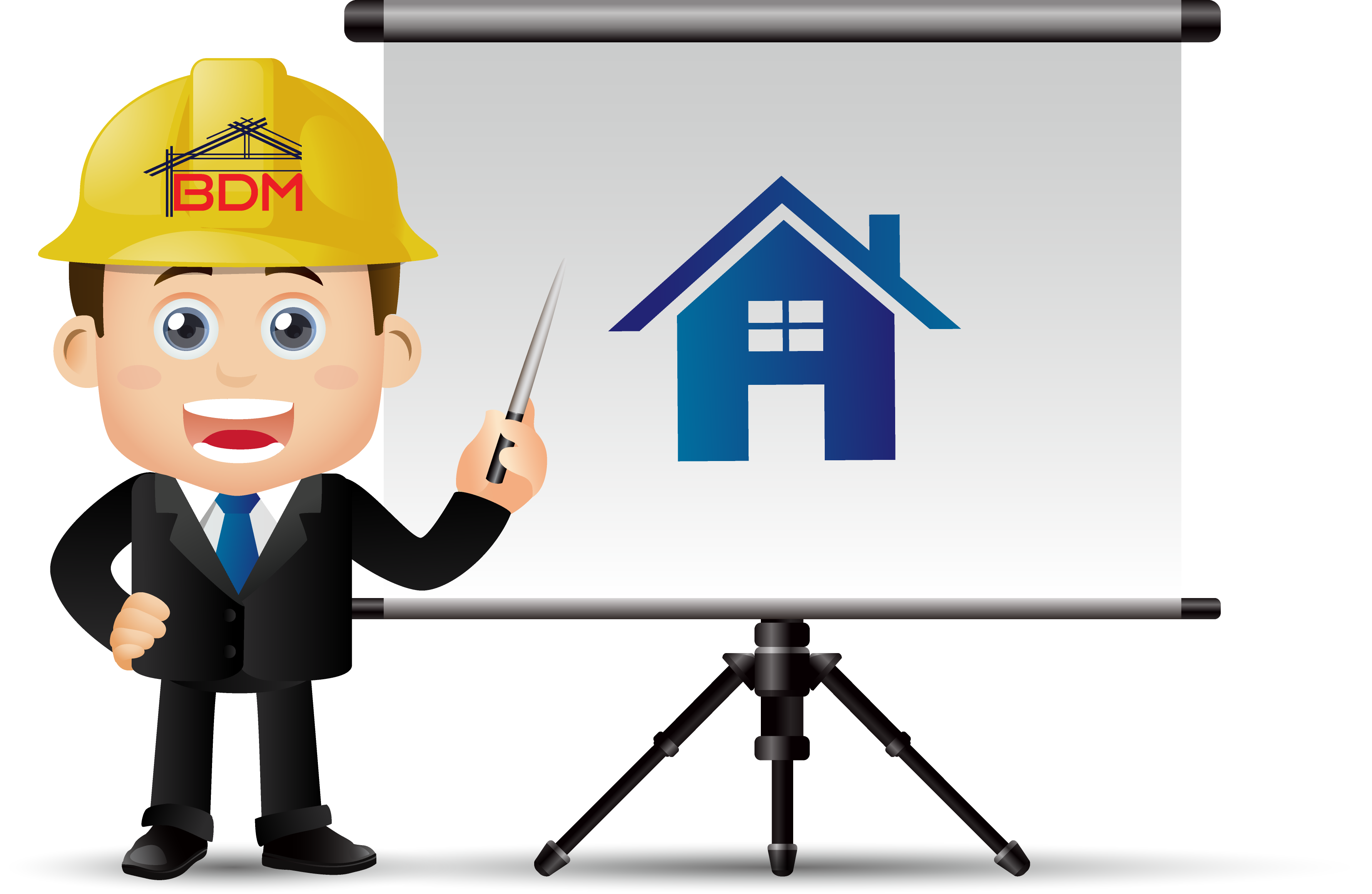 Cartoon Engineer Pointing at Blue House Icon