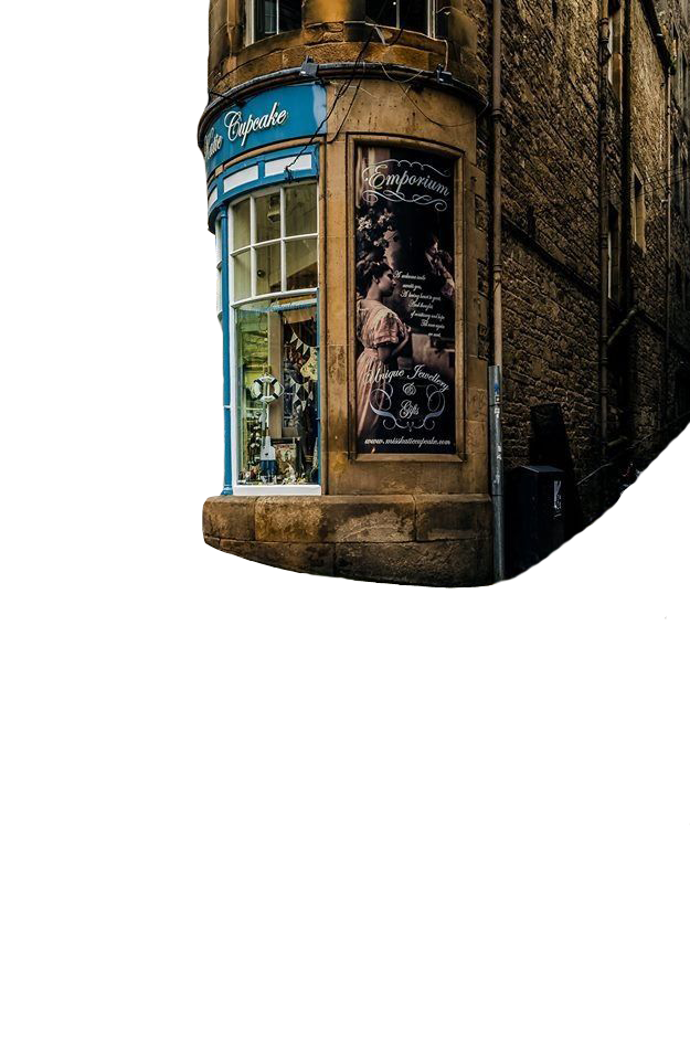 Sandstone Corner Building with Curved Blue Shopfront