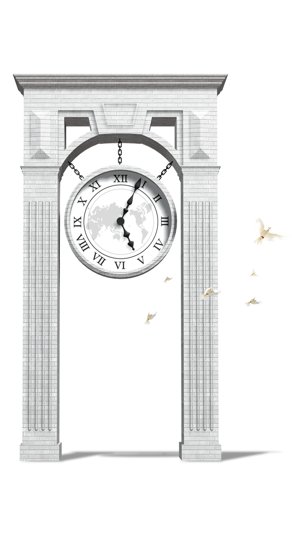 Roman Numeral Wall Clock Between Brick Arches