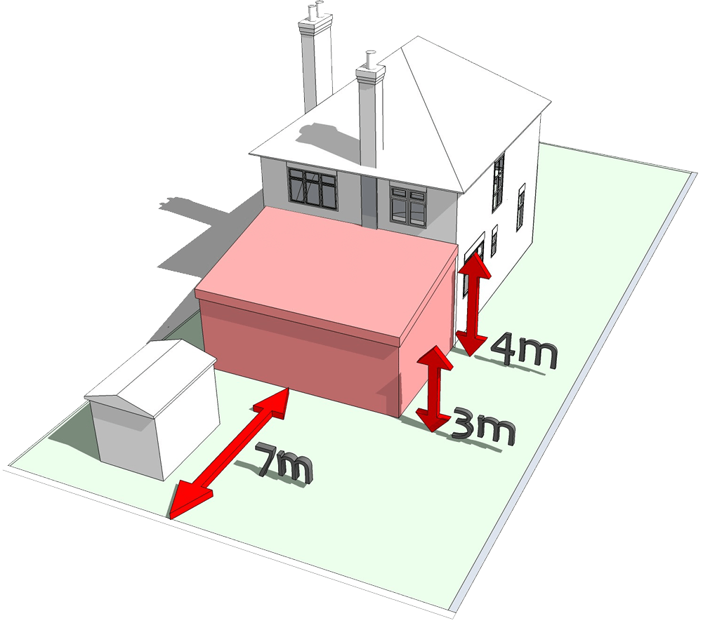 Isometric House with Red Dimension Arrows