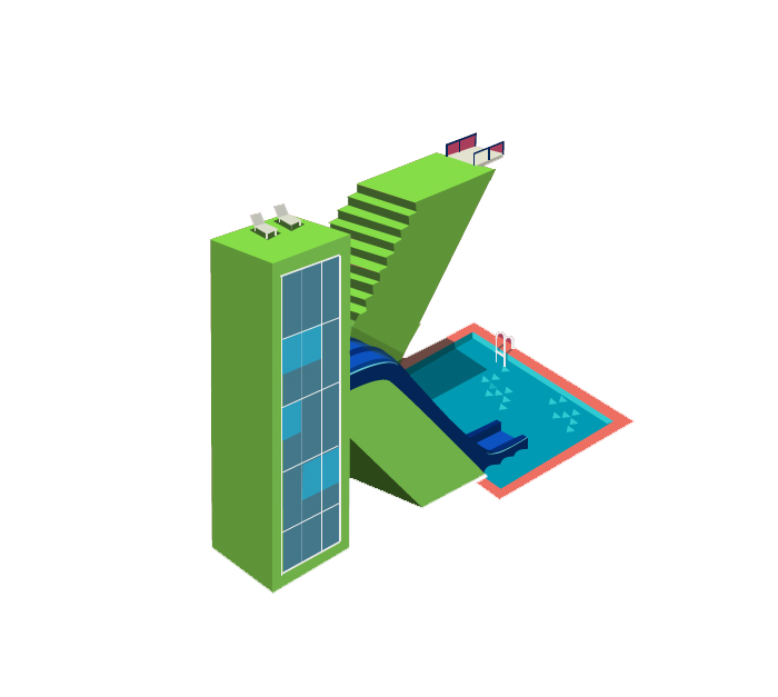 Green Isometric Letter K Building with Pool