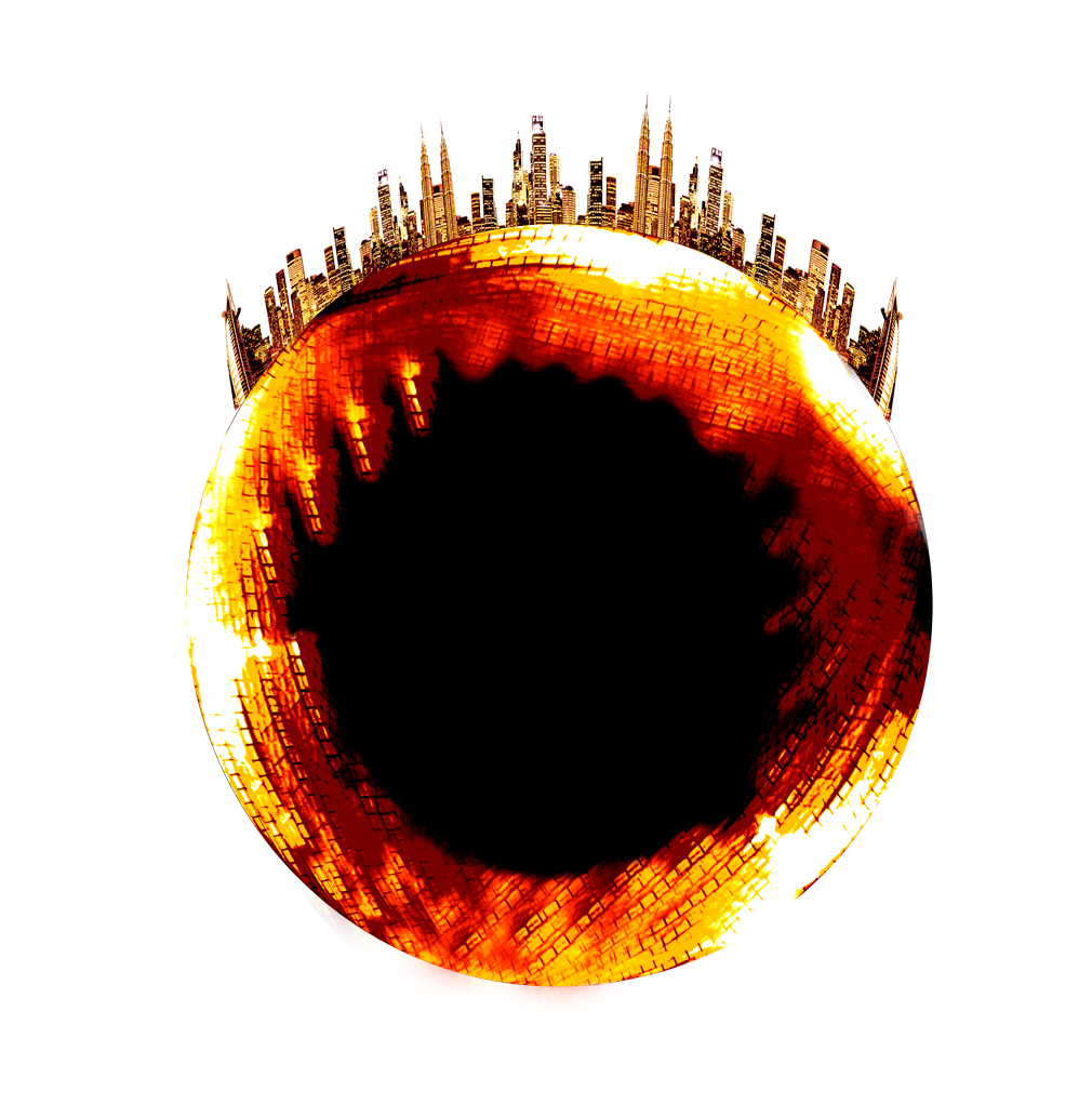 Glowing Orange Planet with City Skyline