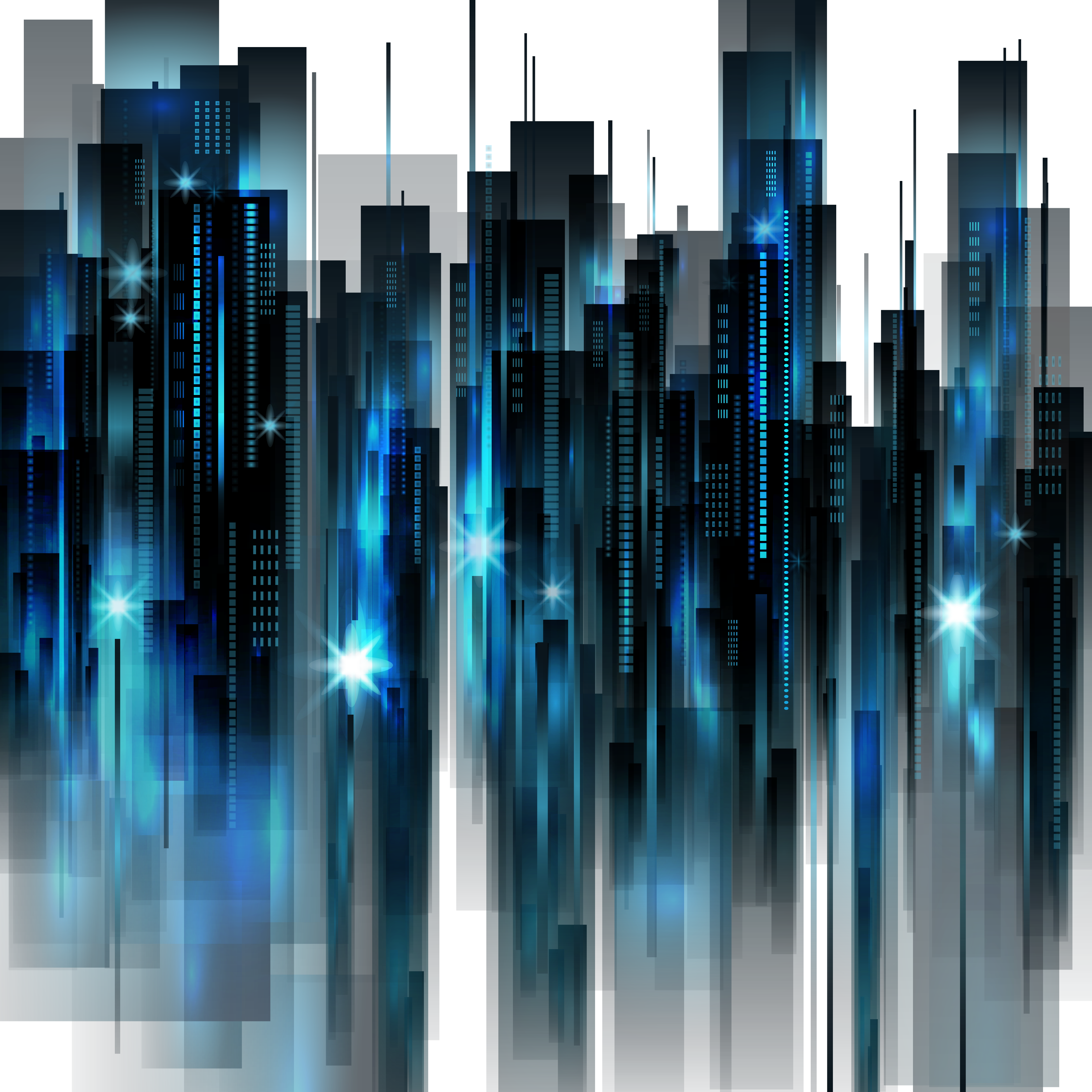 Dark Blue Skyline with Glowing Cyan Windows