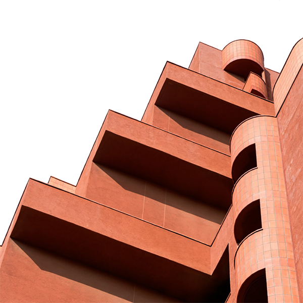 Terracotta Stepped Building with Rounded Towers