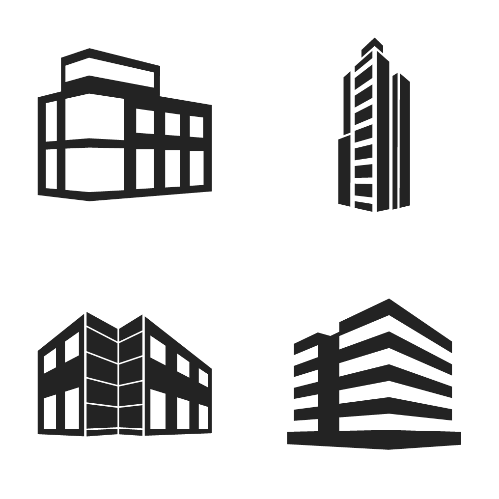 Black Flat Office Building Icons Set