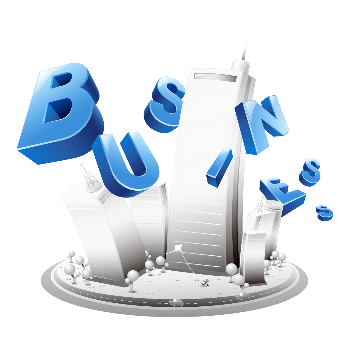 Glossy Blue 3D Business Word over Skyscrapers