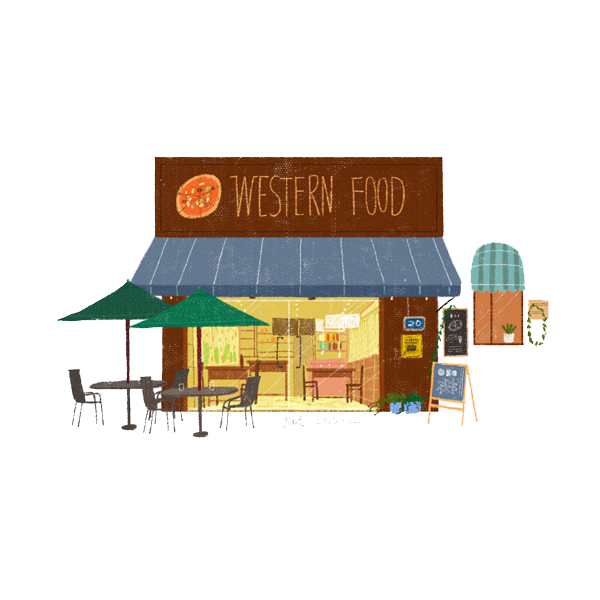 Cartoon Western Restaurant Storefront with Blue Awning