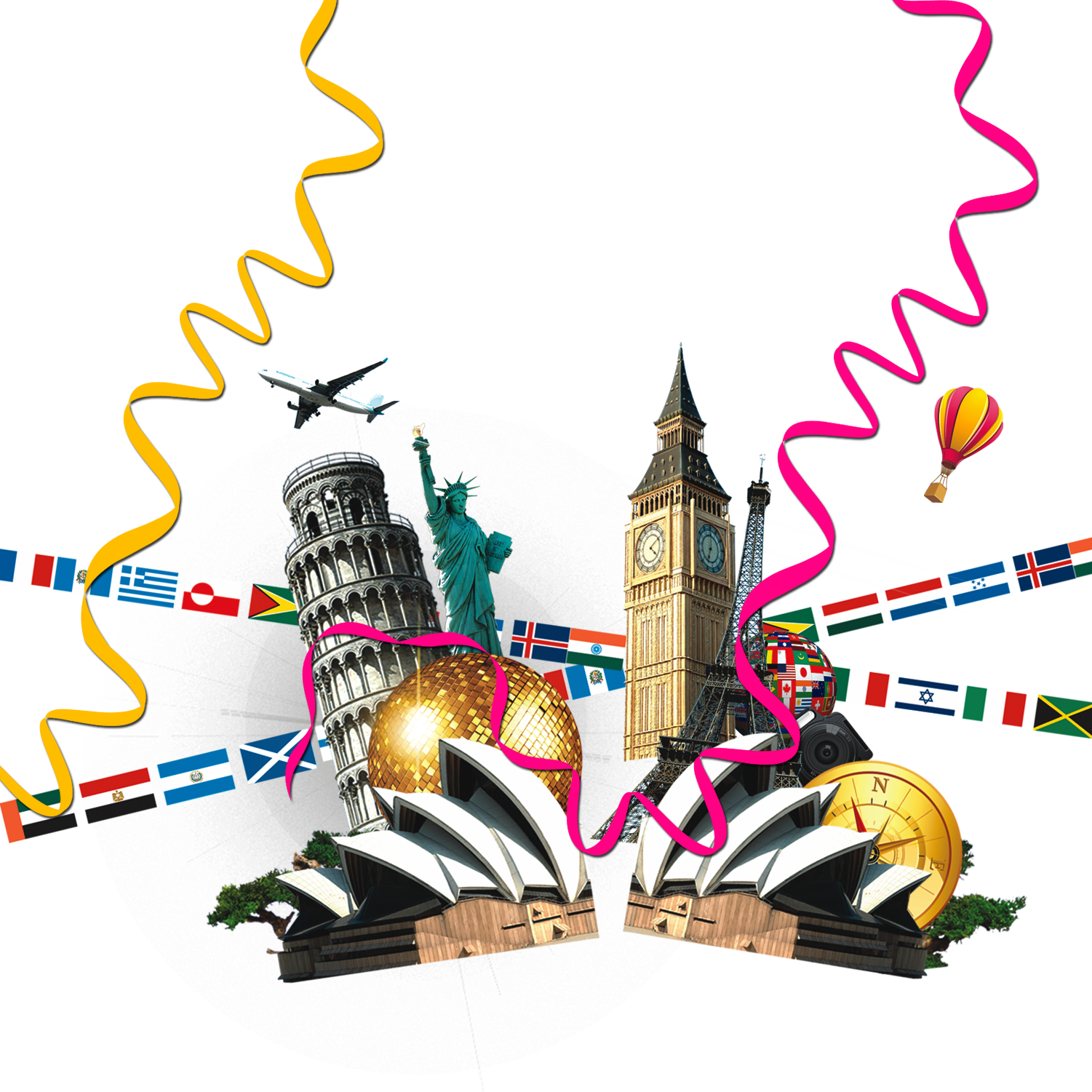 World Landmarks Collage with Hot Air Balloon