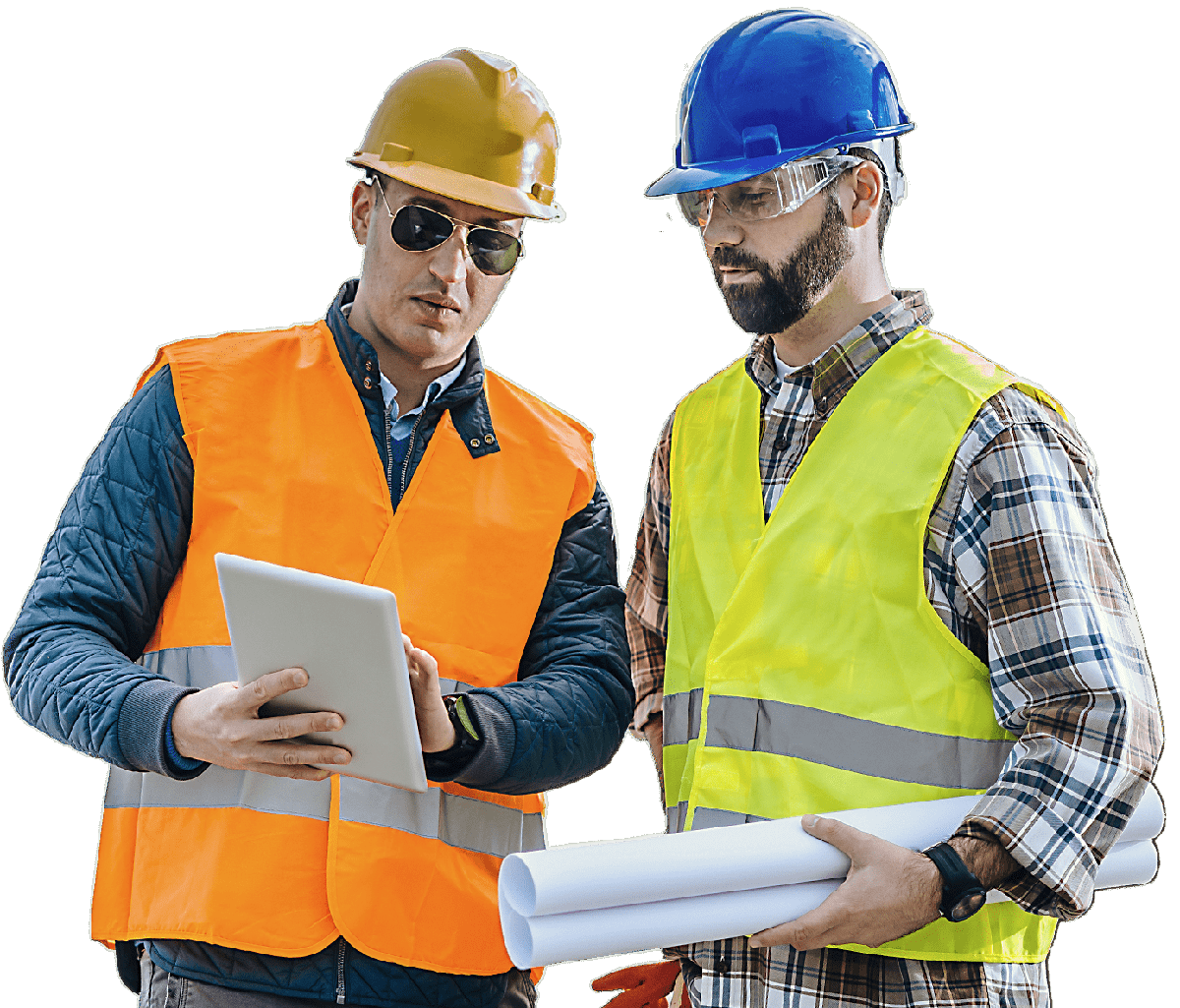 Two Construction Workers Checking Tablet and Blueprints