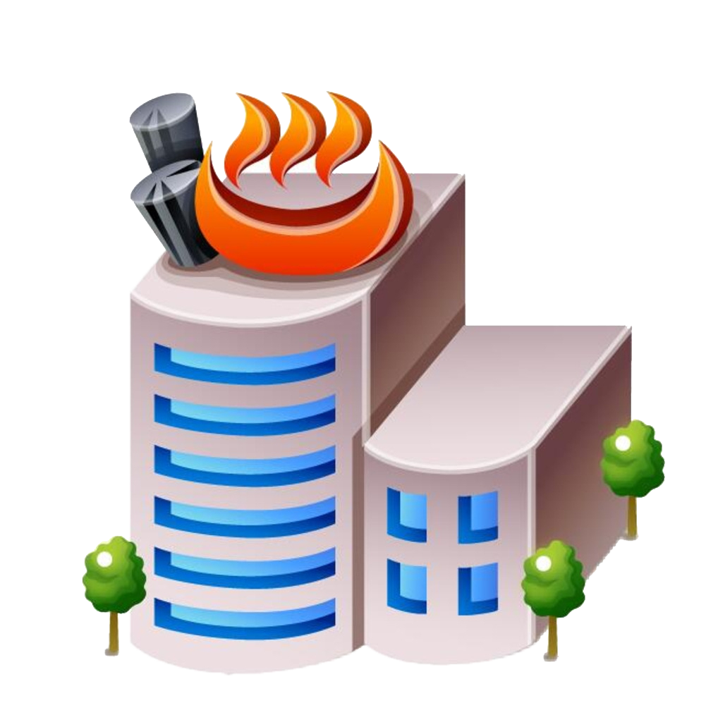 Cartoon Office Tower with Orange Flames