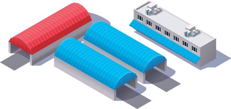 Isometric Industrial Building with Arched Roofs