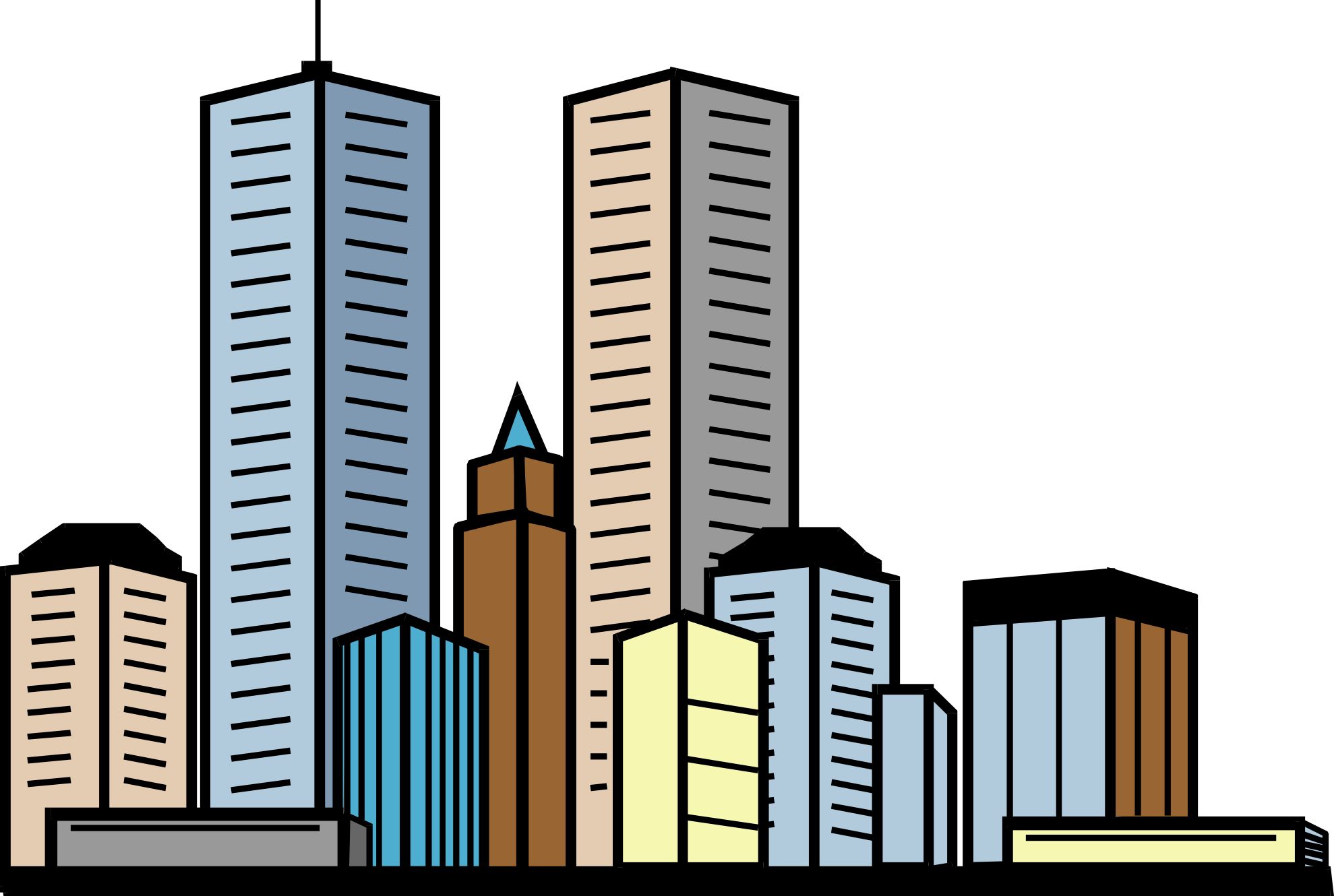 Cartoon City Skyline with Colorful Skyscrapers