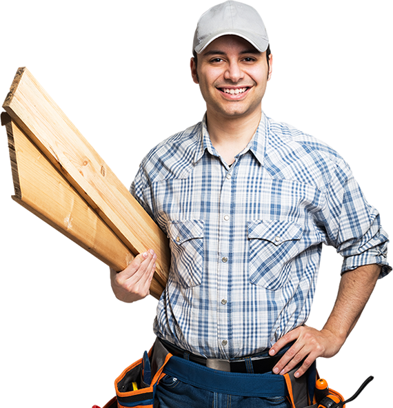Smiling Carpenter Carrying Wooden Board