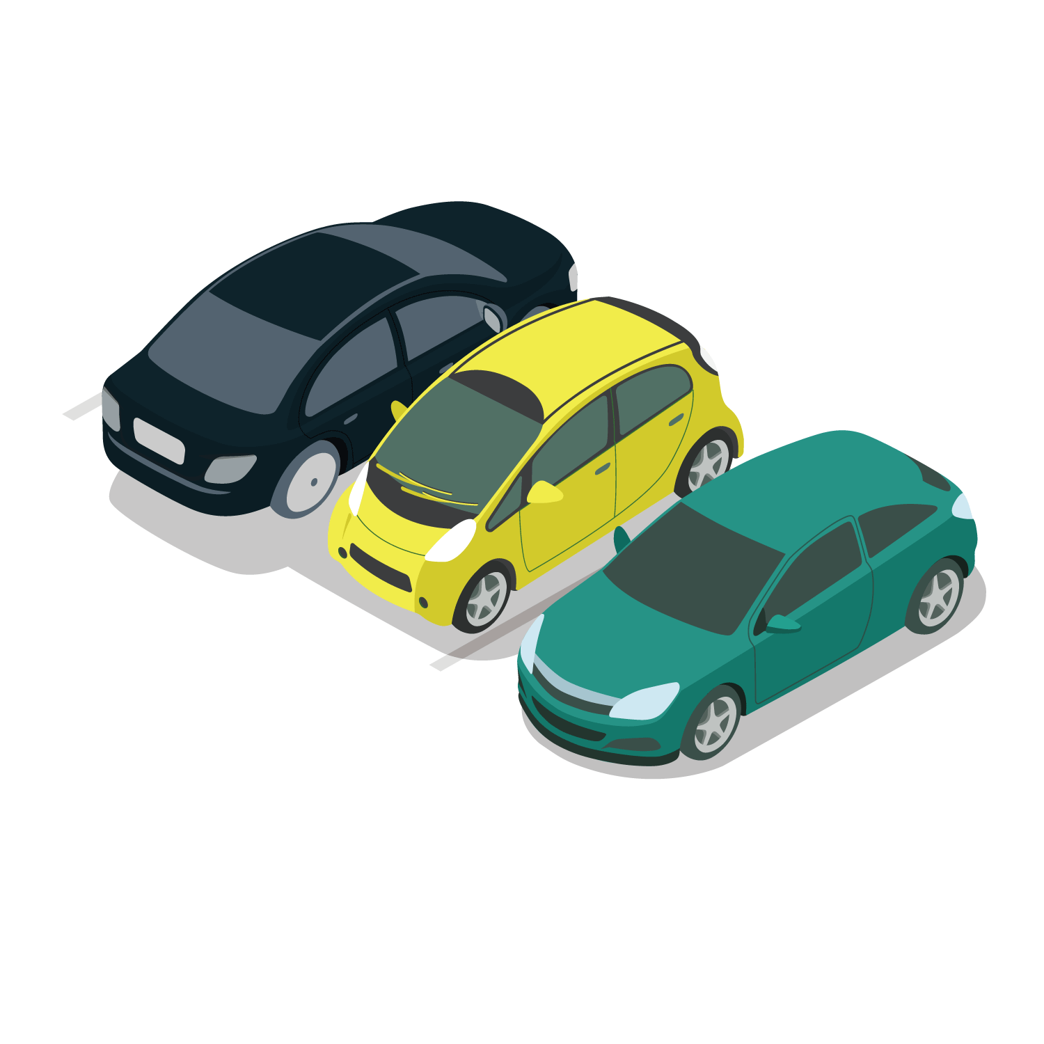 Three Isometric Cars in Black, Yellow, Teal