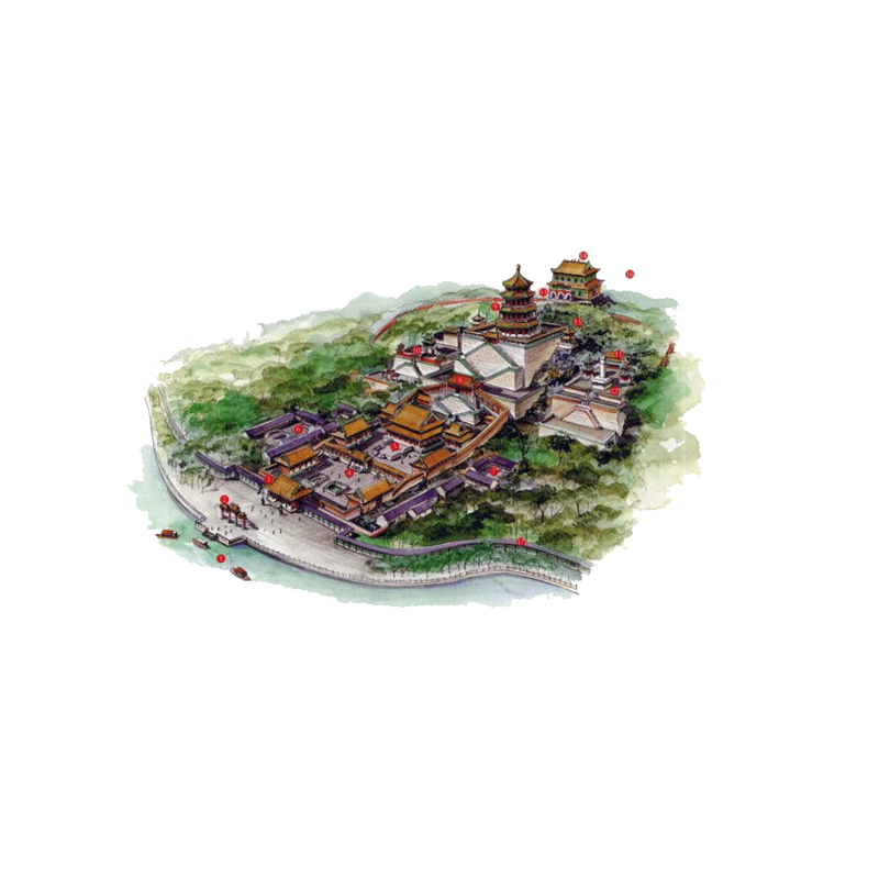 Chinese Architecture island with buildings illustration transparent background PNG free download