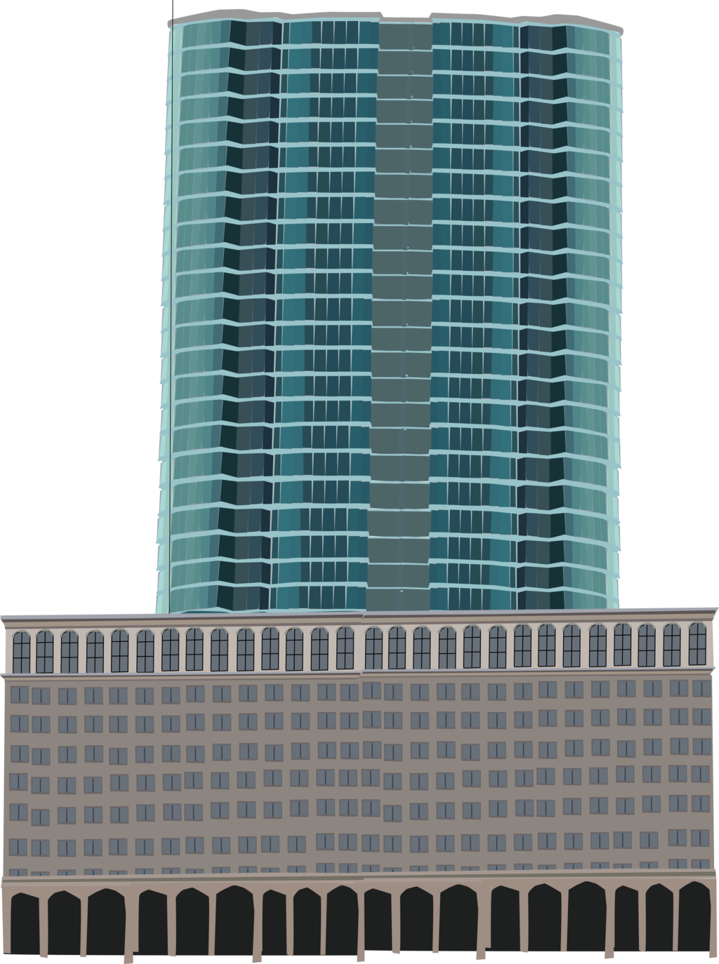 Teal Glass Skyscraper with Stone Base