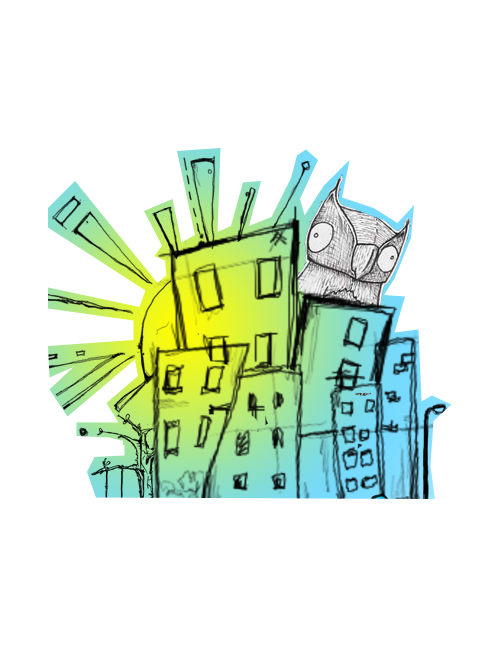 Hand-Drawn Owl Perched on Sketched City Skyline