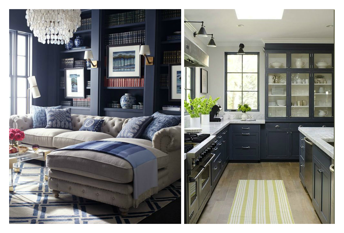 Beige Tufted Sectional Sofa with Navy Shelves