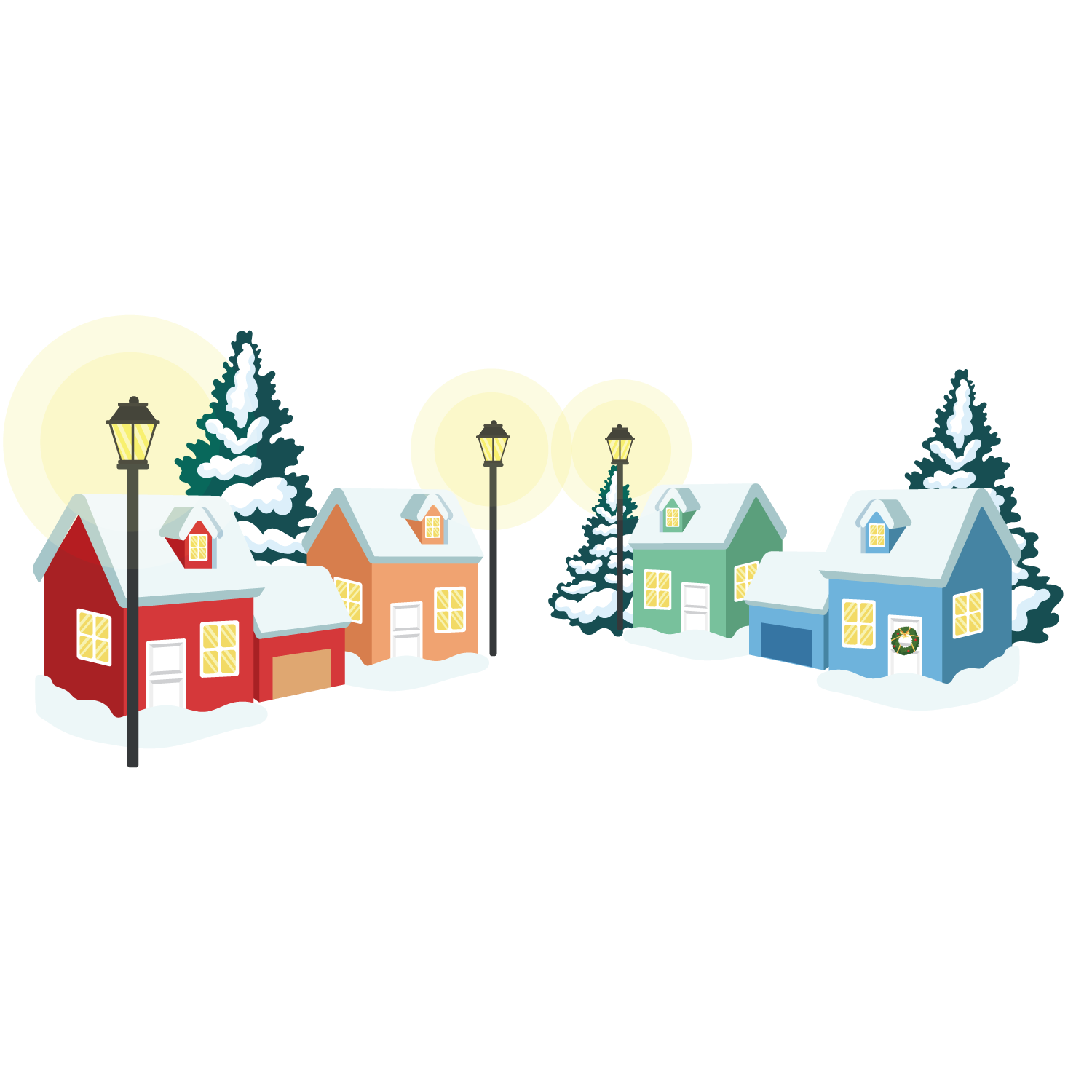 Snowy Winter Village with Glowing Street Lamps