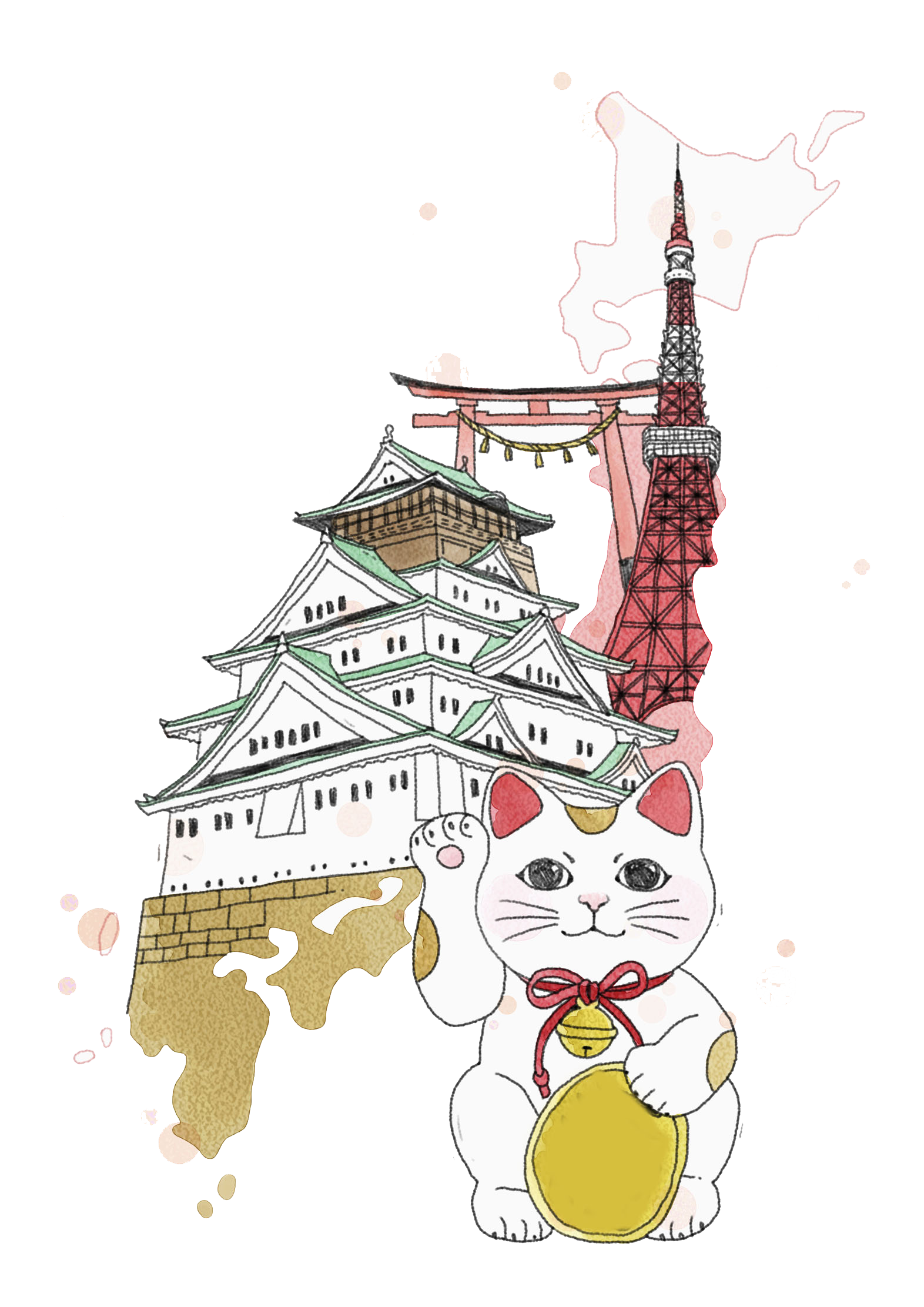 landmark cartoon building watercolor painting hand painted watercolor lucky cat attractions