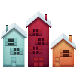 Navidad three teal red and orange snow covered roof buildings art transparent background PNG free download.png