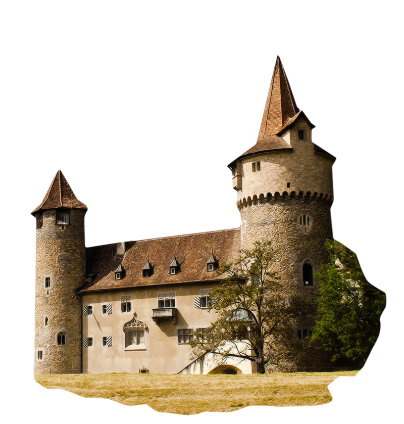 Romanesque brown concrete building near two trees transparent background PNG free download
