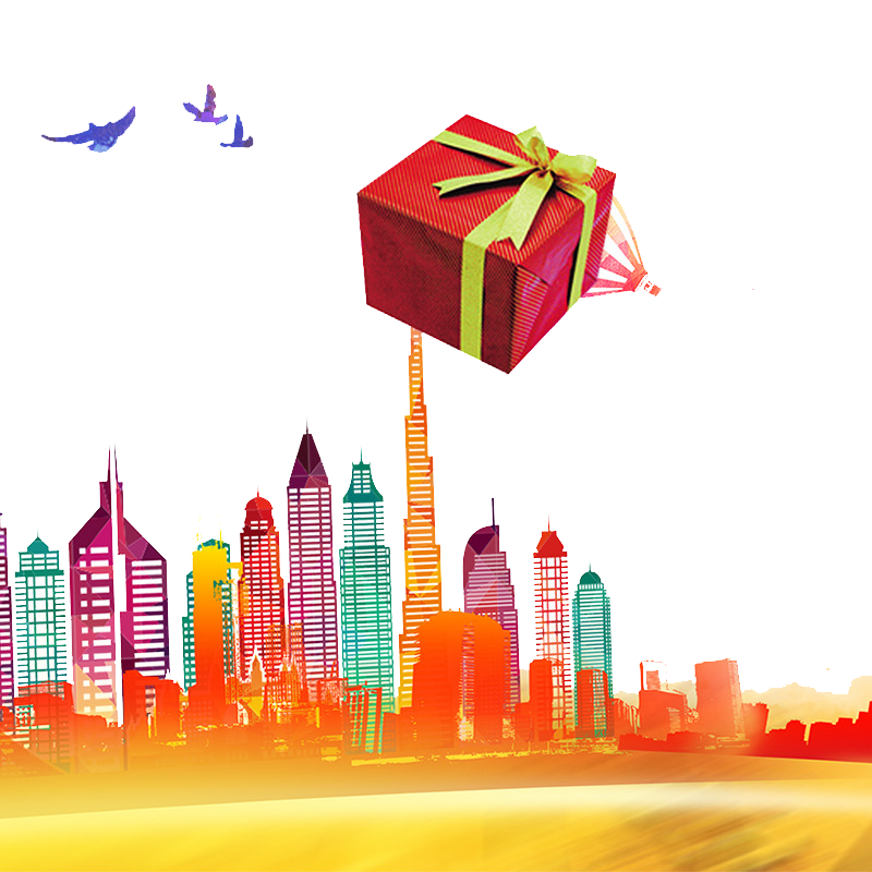 Colorful City Skyline with Red Gift Box