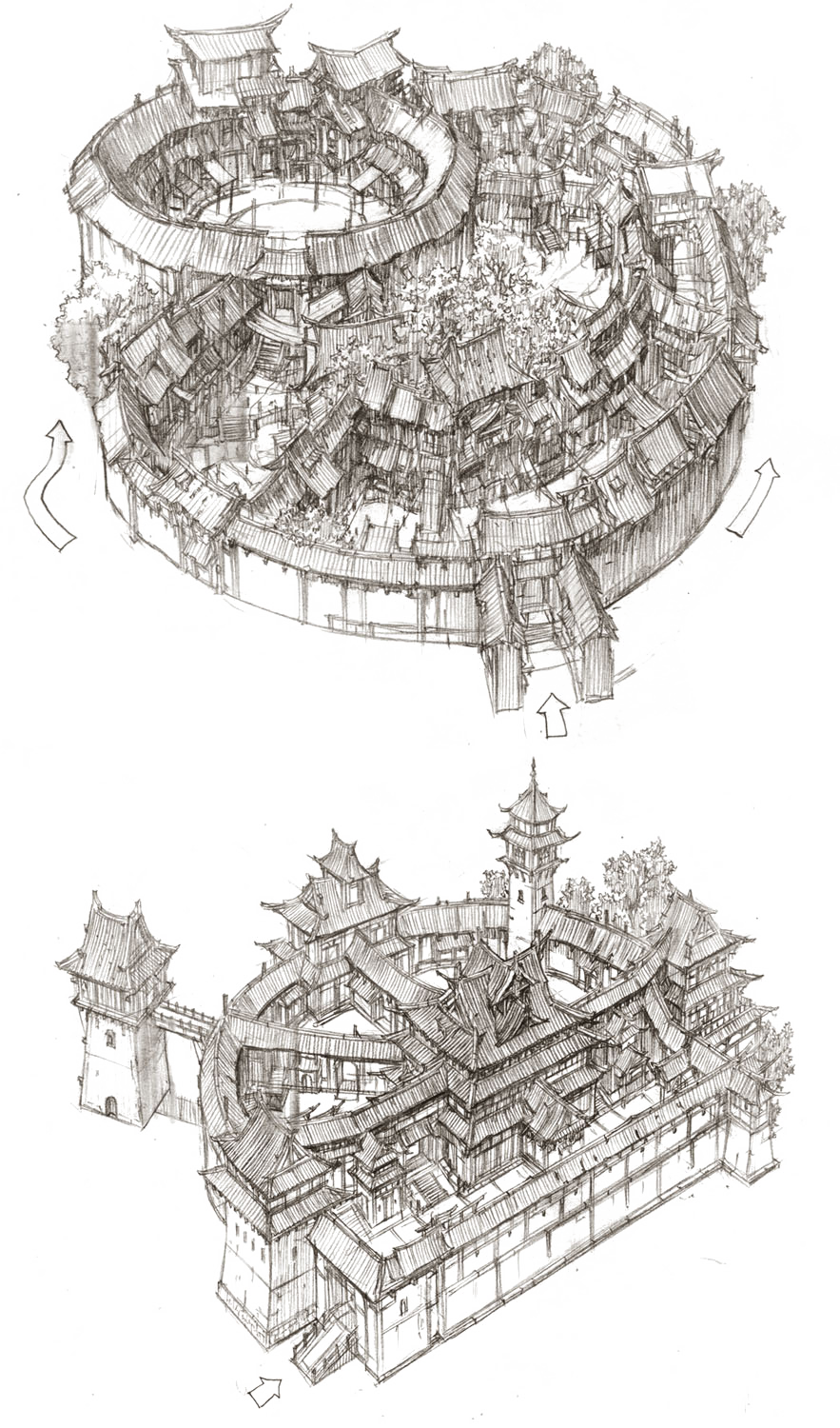 south korea concept art architecture drawing chinese style building model artwork