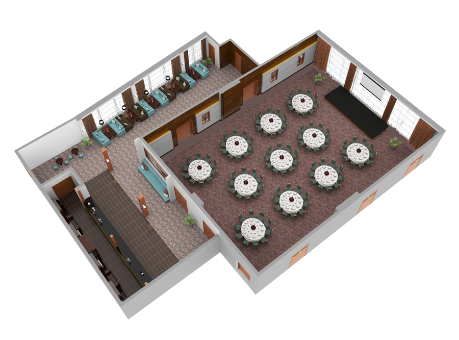 3D Restaurant Floor Plan with Green Chairs