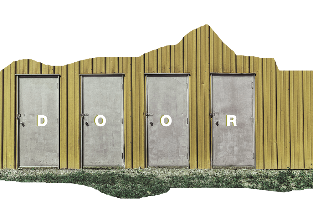 Brown building with four closed doors transparent bac