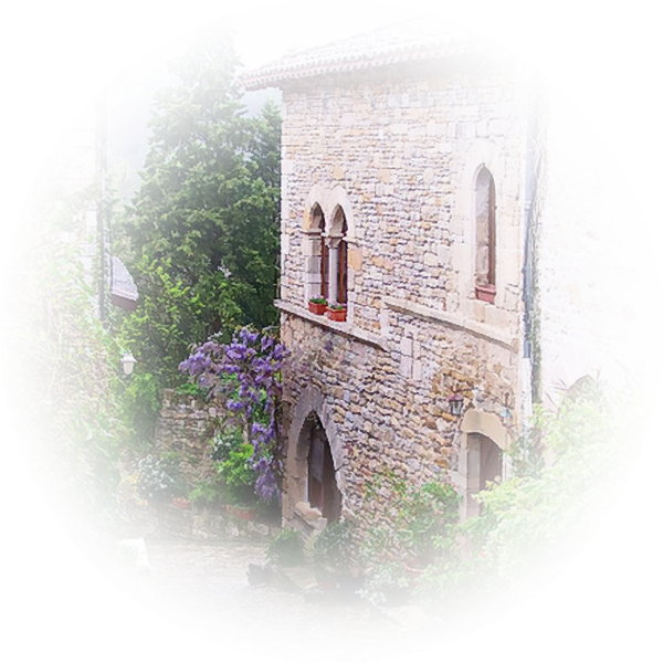 Weathered Limestone Tower with Wisteria